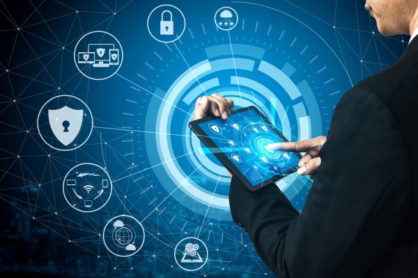 Cyber Security and Digital Data Protection Concept. Icon graphic interface showing secure firewall technology for online data access defense against hacker, virus and insecure information for privacy.